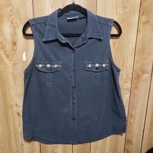 Sleeveless Top Cotton Black  Collared Button Down Embroidery Lg Cowgirl